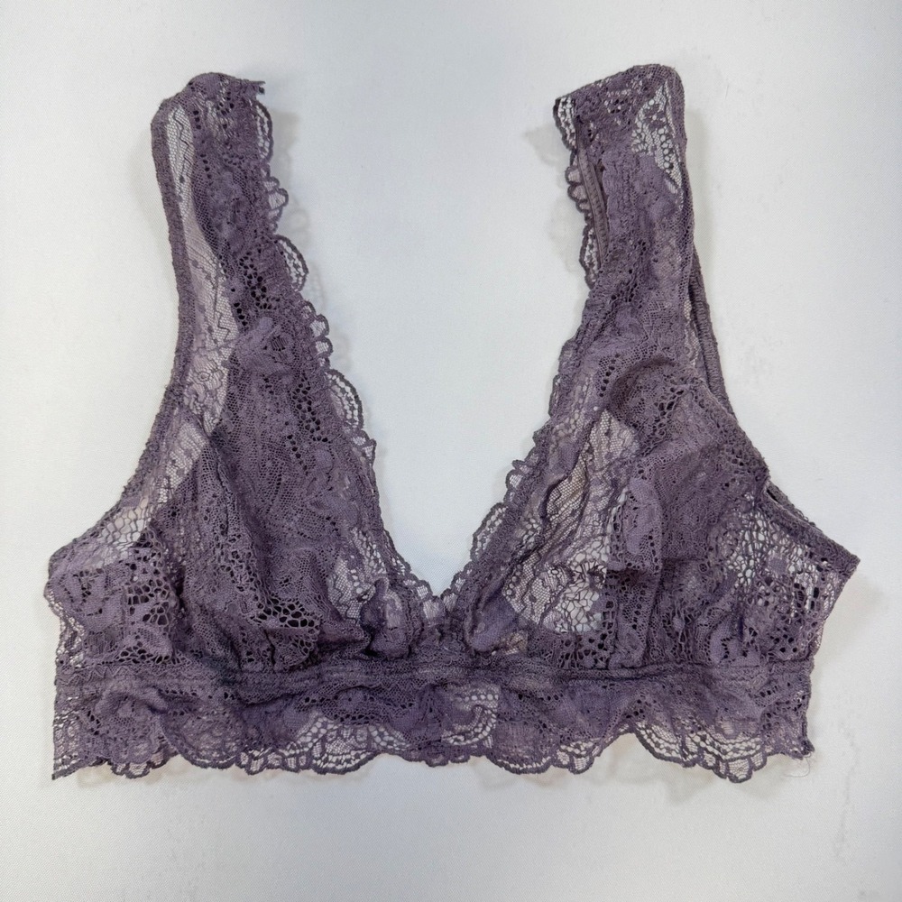 NWOT Eberjey India Lace Bralette Blue Grey Wireless Sheer V-Neck Unlined Medium